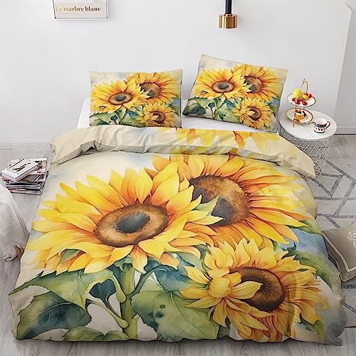 GEDAEUBA Sommer Bettwäsche 135x200 Sonnenblumen - Gelbe Blumen Bettbezug 135 x 200 2er Set, Wendebettwäsche und Kissenbezug 80x80, Weiche & Atmungsaktive Mikrofaser Bettwäsche-Sets mit Reißverschluss von GEDAEUBA