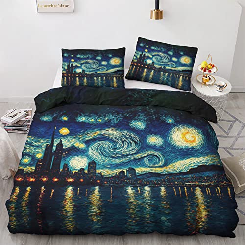 GEDAEUBA Sommer Bettwäsche 135x200 Van Gogh Sternennacht - Ölgemälde Bettbezug 135 x 200 2er Set, Wendebettwäsche und Kissenbezug 80x80, Weiche Mikrofaser Bettwäsche-Sets mit Reißverschluss von GEDAEUBA