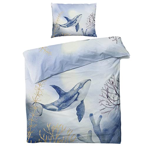 GEDAEUBA Sommer Bettwäsche 135x200 Wal - Meerestiere Bettbezug 135 x 200 2er Set, Wendebettwäsche und Kissenbezug 80x80, Weiche & Atmungsaktive Mikrofaser Bettwäsche-Sets mit Reißverschluss von GEDAEUBA