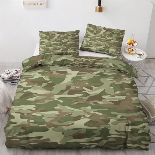 GEDAEUBA Sommer Bettwäsche 140x200 Camouflage - Jungen Armeegrün Camo Bettbezug 140x200 2er Set, Wendebettwäsche und Kissenbezug 70x90, Weiche Mikrofaser Bettwäsche-Sets mit Reißverschluss von GEDAEUBA