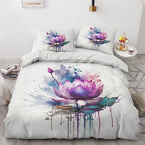 GEDAEUBA Sommer Bettwäsche 140x200 Lotus - Aquarell Blumen Bettbezug 140x200 2er Set, Wendebettwäsche und Kissenbezug 70x90, Weiche & Atmungsaktive Mikrofaser Bettwäsche-Sets mit Reißverschluss von GEDAEUBA