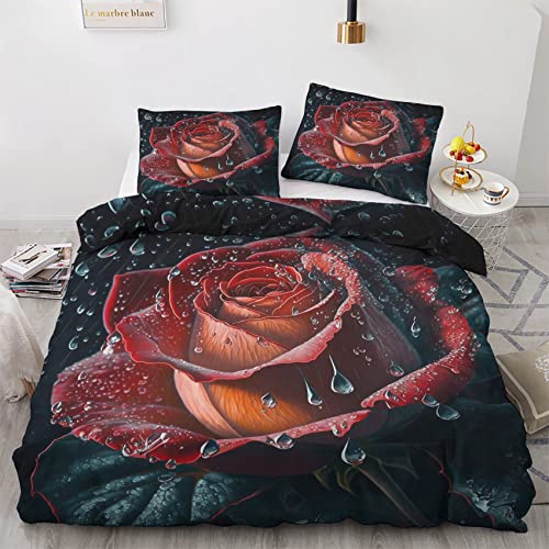 GEDAEUBA Sommer Bettwäsche 200x200 Rote Rosen - Blumen Bettbezug 200x200cm 3 teilig, Wendebettwäsche und Kissenbezug 80x80, Weiche & Atmungsaktive Mikrofaser Bettwäsche-Sets mit Reißverschluss von GEDAEUBA