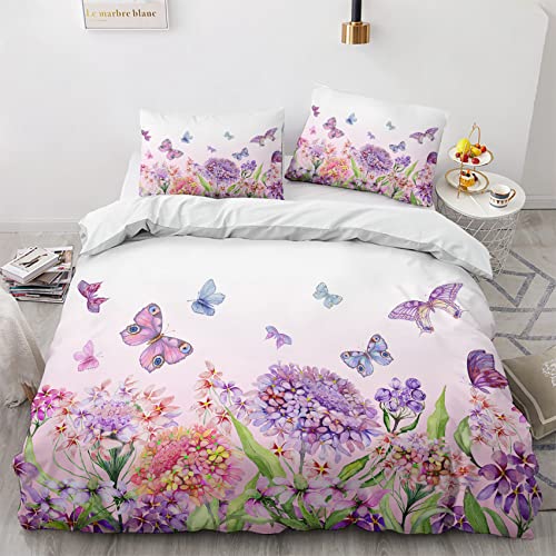 GEDAEUBA Sommer Bettwäsche 200x200 Schmetterling Blumen - Lavendel Bettbezug 200x200cm 3 teilig, Wendebettwäsche und Kissenbezug 80x80, Weiche Mikrofaser Bettwäsche-Sets mit Reißverschluss von GEDAEUBA