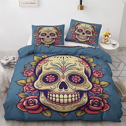 GEDAEUBA Sugar Skull Bettwäsche 155x220 - Tag der Toten Bettbezug 155x220 3 teilig, Wendebettwäsche und Kissenbezug 80x80, Weiche & Angenehme Mikrofaser Bettwäsche-Sets mit Reißverschluss von GEDAEUBA