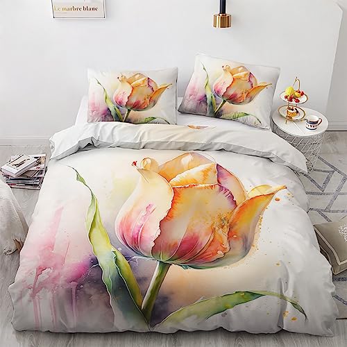 GEDAEUBA Tulpen Bettwäsche 155x220 Sommer - Blumen Bettbezug 155x220 3 teilig, Wendebettwäsche und Kissenbezug 80x80, Weiche & Atmungsaktive Mikrofaser Bettwäsche-Sets mit Reißverschluss von GEDAEUBA