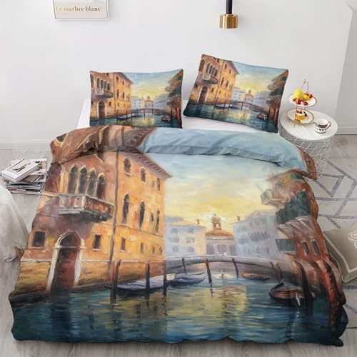 GEDAEUBA Venedig Bettwäsche 135x200 - Italienische Stadt Bettbezug 135 x 200 2er Set, Wendebettwäsche und Kissenbezug 80x80, Weiche & Angenehme Mikrofaser Bettwäsche-Sets mit Reißverschluss von GEDAEUBA