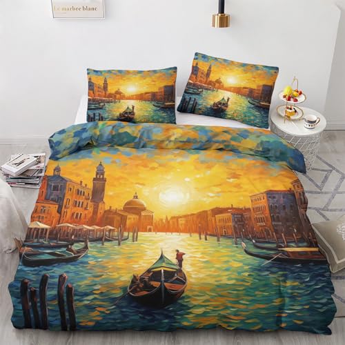 GEDAEUBA Venedig Bettwäsche 155x220 Winter - Italienische Stadt Bettbezug 155x220 3 teilig, Wendebettwäsche und Kissenbezug 80x80, Weiche & Angenehme Mikrofaser Bettwäsche-Sets mit Reißverschluss von GEDAEUBA