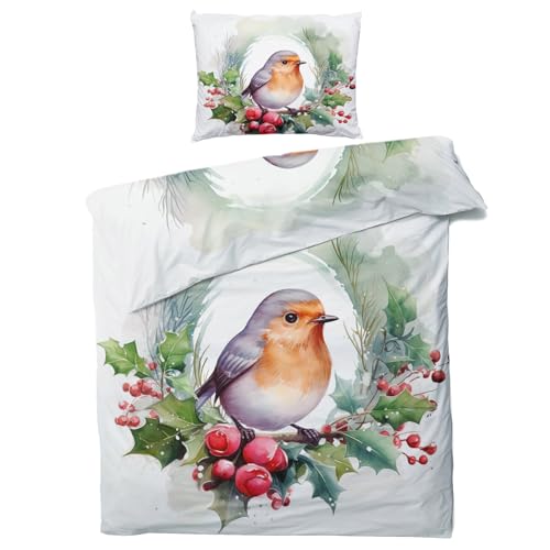 GEDAEUBA Winter Bettwäsche 155x220 Weihnachten Rotkehlchen - Vogelmotiv Bettbezug 155x220 3 teilig, Wendebettwäsche und Kissenbezug 80x80, Weiche Mikrofaser Bettwäsche-Sets mit Reißverschluss von GEDAEUBA