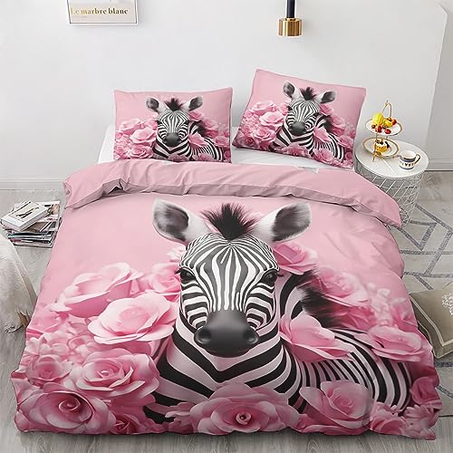 GEDAEUBA Zebra Bettwäsche 135x200 - Rosa Blumen Bettbezug 135 x 200 2er Set, Wendebettwäsche und Kissenbezug 80x80, Weiche & Angenehme & Atmungsaktive Mikrofaser Bettwäsche-Sets mit Reißverschluss von GEDAEUBA