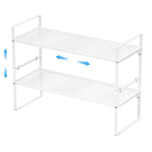 GEDLIRE Erweiterbarer Schrankregal Küchenregal Organizer, stapelbarer Metall Gewürzregal Regaleinsatz Schrank-Organizer Regal, Küche Aufbewahrung Lagerregal für Zuhause, Speisekammer, 2er Set, Weiß von GEDLIRE