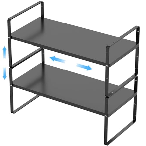 GEDLIRE Erweiterbarer Schrankregal Küchenregal Organizer, stapelbarer Metall Gewürzregal Regaleinsatz Schrank-Organizer Regal, Küche Aufbewahrung Lagerregal für Zuhause, Speisekammer, Schwarz von GEDLIRE