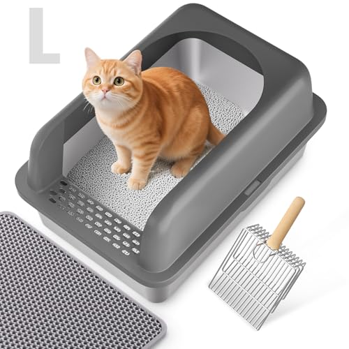 Katzenklo Edelstahl 51 x 36 x 30 cm Einfache Reinigen Cat Litter Box L Katzentoilette mit Katzenklo Schaufel und Matte von GEEBOBO
