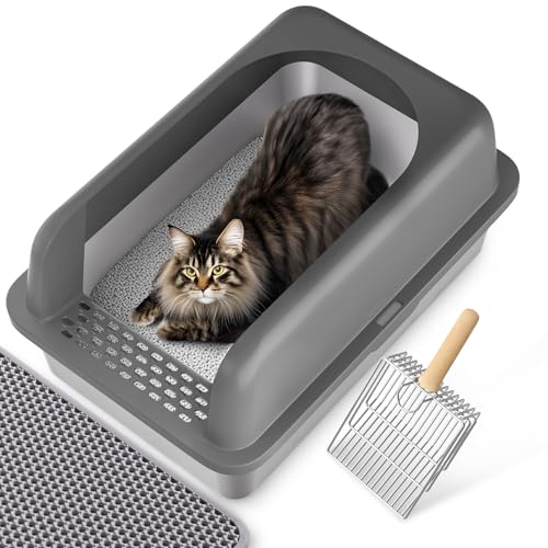 Katzenklo Edelstahl XL 60 x 40 x 30 cm Katzentoilette für große Katzen Cat Litter Box mit Katzenklo Schaufel und Matte, Einfache Reinigen von GEEBOBO