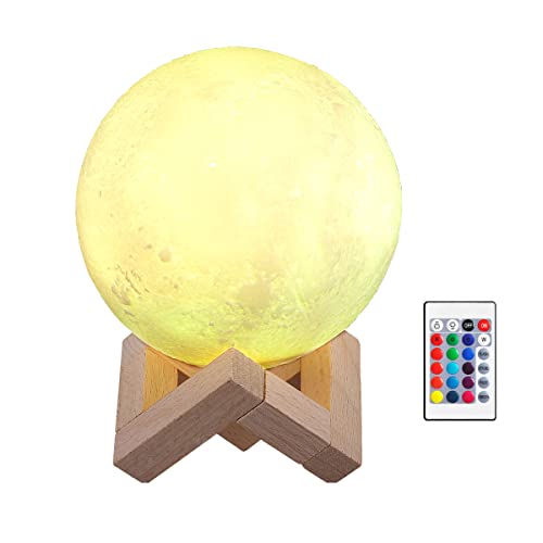 11cm LED Mond Lampe mit Fernbedienung Farbige Dekoleuchte 3D Mond Kunst LED RGB Mondlicht tragbares Nachtlicht mit Touch Schalter eingebaute Batterie dimmbar, 16 Lichtfarben wechsel, PLA PVC Material von GEEDIAR