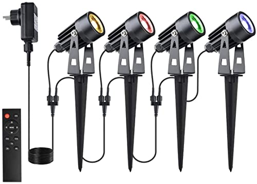 GEEDIAR 4er farbige Gartenstrahler set mit Timer RGB Gartenleuchten mit Fernbedienung Erdspieß Gartenlampen mit Strom für Außen Garten Rasen, wasserdicht IP65 von GEEDIAR