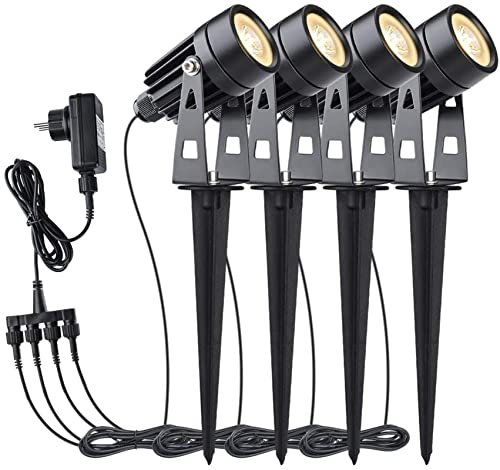 GEEDIAR LED Gartenbeleuchtung, 4 Stücke, Warmweiß 3200K Gartenleuchte mit Erdspieß, IP65 Wasserdicht LED Gartenstrahler mit Stecker, Gartenlampe für Außen Garten Rasen Dekorative von GEEDIAR