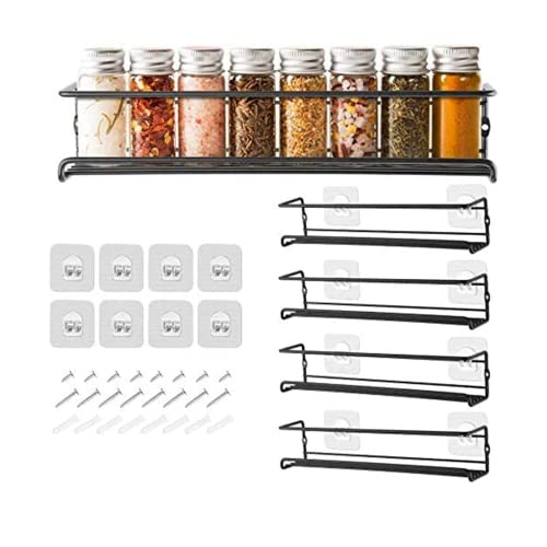 GEEDIAR Gewürzregal aus Metall - 4er hängend lang Küchenregal Gewürzregal selbstklebend ohne Bohren für die Wand, Küchenschrank, küchenschranktüren, Deco, Arbeitsplatte, 29 x 6.35 x 6cm, Schwarz von GEEDIAR