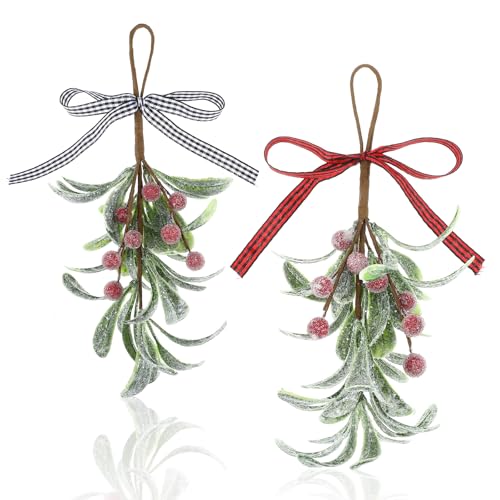 GEEHUA 2 Stück Weihnachts Mistelzweig Dekor, Weihnachts Mistelzweig Hängeornament mit Karierter Schleife künstliche rote Beeren Mistelzweig Dekorationen glitzerndes Weihnachtsbaum Zubehör(Rot+Weiß) von GEEHUA