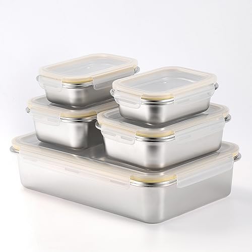 GEEJA 18/8 Edelstahl Frischhaltedosen, Mahlzeitenzubereitungsbehälter-Set, Backform, auslaufsicher, stapelbar, leicht und einfache Lagerung, Metall, 5 Stück (2 Stück 595 ml, 2 Stück 1,2 l, 1 Stück von GEEJA
