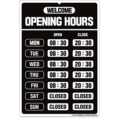 GEEKBEAR Geschäftsstundenschild - Öffnungsstundenschild - Store Hours Sign - Arbeitsstunden Schilder für Geschäft - Offenes Schild mit Stunden - Laden oder Bürostunden Zeichen wechselbar (Black) von GEEKBEAR