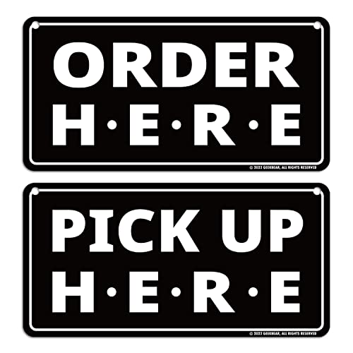 GEEKBEAR Order Here Pick Up Here Sign (Black) - Schilder „Hier bestellen und hier abholen“ – Premium-Schilder „Hier bestellen und hier abholen“ mit speziellen Haken zum Aufhängen an der Decke von GEEKBEAR