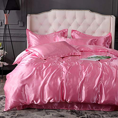 GEEKCOOK Bettwäsche 4 Stück,Reine Farbe Eisseide Sommer gewaschen seidig Sommer dünn-Rosa_Vierteiliges Bettlaken-Set (Bettbezug 150x200cm) von GEEKCOOK