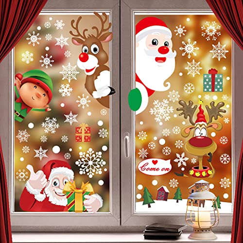 Fensterbilder Weihnachten Kinder, Selbstklebend Fensteraufkleber Weihnachten, 290Stück Doppelseitige Schneeflocken Weihnachtsmann Schneemann PVC Fenstersticker für Weihnachten Fenster Deko von GEEKEO