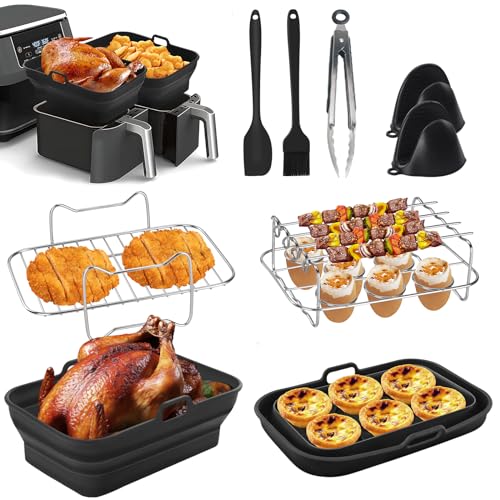 Air Fryer Liner Zubehör Silikon Dual Zone Faltbar 8 Stück inkl. Gestell, Handschuhe, Spatel, Bürste für Ninja AF400UK & Tower T17088 kompatibel mit Backofen, Mikrowelle von GEEKHOM