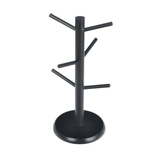 GEEKHOM Kaffeebecherhalter aus Bambus mit 6 Haken - Tassenständer für Küchentheke | Bambusbecherbaum Kaffeebecherregal Organizer für Küchentheke Tabletop Kaffeetassen & Brezel, Schwarz von GEEKHOM