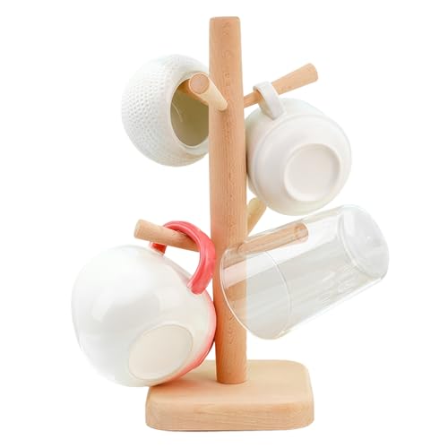 GEEKHOM Kaffeebecherhalter aus Holz mit 6 Haken, Tassenbaum für Küchentheke & Tisch, Brezelhalter & Becherregal Kaffeebecherregal Organizer, Tassenhalter Stehend Kaffeebecher Brezelständer, Khaki von GEEKHOM
