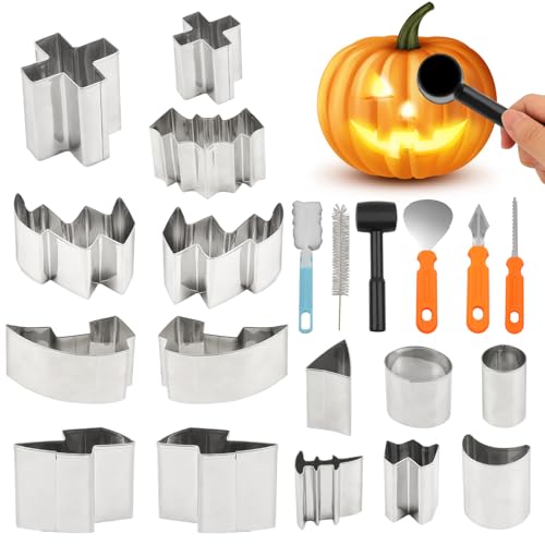 GEEKHOM Kürbis Schnitzset - 21 Stück Schnitzwerkzeug Kürbis Deko DIY, Halloween Kürbisschnitz Set Für Kinder Und Erwachsene, Schnitzen Werkzeug Mit 15-Tlg Edelstahl Formen, Schwammbürste von GEEKHOM