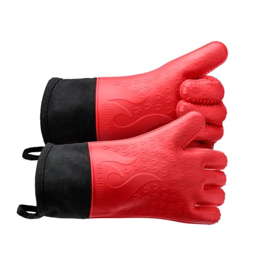 GEEKHOM Silikon Grillhandschuhe, Hitzebeständige Ofenhandschuhe Küche Ofenhandschuhe BBQ Handschuhe Wasserdicht rutschfest für Barbecue Kochen Backen Fritteuse Rot von GEEKHOM