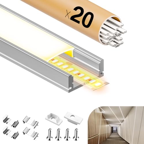 20 × Profile für LED-Streifen aus Aluminium (insgesamt 40 m), LED-K mit matter Abdeckung, kompatibel mit LED-Streifen mit einer Breite von weniger als 12 mm - 17,4 x 7 mm (SL05, 20 x 2 m = 40 m) von GEEKLUX