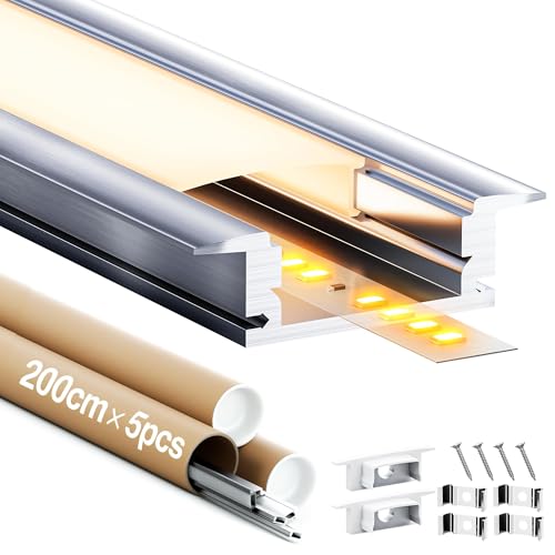 Alu Led Profil für Led Strip Schiene, Led Aluminium Profil 2m 5 Stück, Led Kanal und Led Profile with Led Strip Diffusor, Max LED Streifen 12 mm - Größe 24.7 x 7 mm von GEEKLUX