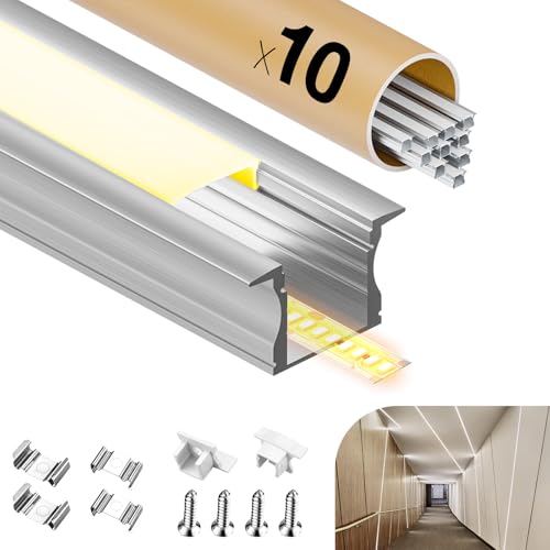 GEEKLUX 10 Sets LED Profil 2 m (Gesamt 20 m) LED Trockenbauprofil U-Profil für bis zu 12 mm led Streifen, geeignet für Einbau in Möbel, Wände, Decken, Trockenbau, Abmessungen: 26,7 x 10 mm von GEEKLUX