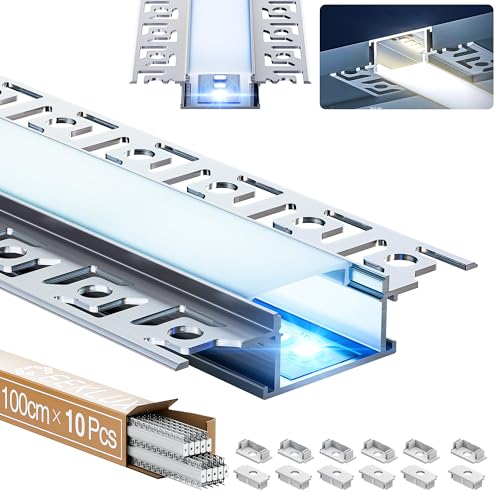 GEEKLUX 10 x LED Profil für Trockenbau, Aluminium Profil 1 m (Gesamt 10 m), mit Halbdurchsichtiger Led Diffusor, für led Streifen bis 20 mm Breite oder zwei LED Streifen, Maße: 64,2 x 13,8 mm von GEEKLUX