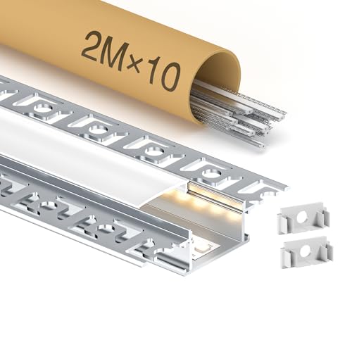 GEEKLUX 10 x LED Trockenbauprofil 2 m (20 m) – Led Profil für led Streifen bis 25 mm oder Zwei Streifen, led Schiene mit PC Abdeckung, Aluminium Profil, ideal für Stuckleisten Decke und Deckenleisten von GEEKLUX