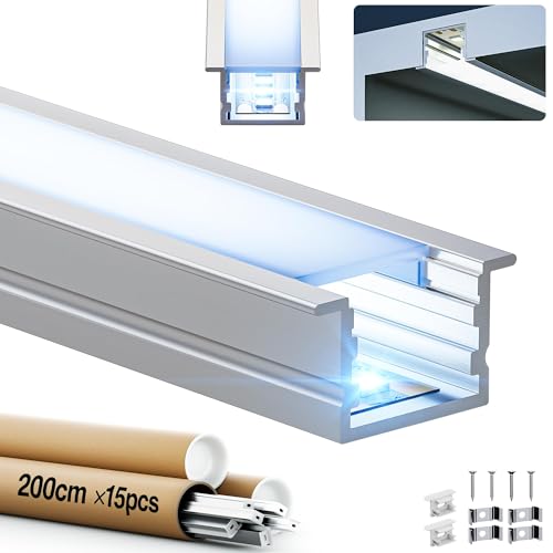 GEEKLUX 15 x Aluminiumprofil für LED-Streifen 2 m (insgesamt 30 m) LED-Schiene mit mattem Diffusor für LED-Streifen bis 15 mm – geeignet für Deckenmontage, Gipskarton und Einbau von GEEKLUX