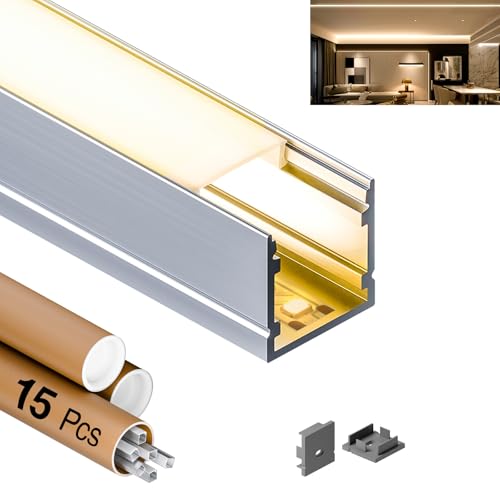 GEEKLUX 15 x LED U-Profil Aluminium 2 m (30 m), Led Profil für led Streifen bis 15mm, 20 x 20 mm, led Schiene mit milchigem PC-Diffusor, Trockenbauprofil für Decken- und Wandinstallation von GEEKLUX