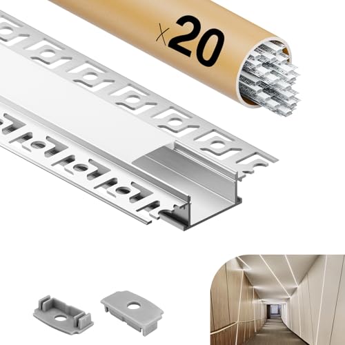 GEEKLUX 20*Aluminium profil LED 2 m (40 m) Profilé Led Eingießbar für Trockenbau Aluminium Einbauputz, für led-Streifen bis 20mm, Led Kanal und Diffusor mit Endkappen - 2000 x 64,2 x 13,8 mm von GEEKLUX