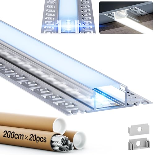 GEEKLUX 20 x LED Fliesenprofil 2 m (40 m), U-Profil Aluminium für Led Streifen bis 20 mm, Led Kanal mit Halbtransparentem PC Diffusor, 61,8 x 13,8 mm, Ideal für Deckenleiste und Trockenbauinstallation von GEEKLUX