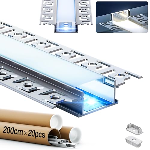 GEEKLUX 20 x LED Profil für Trockenbau Aluminium Profil 2 m (Gesamt 40 m), mit Halbdurchsichtiger Led Diffusor, für LED Streifen bis 20 mm Breite oder zwei Streifen, Maße: 64,2 x 13,8 mm von GEEKLUX