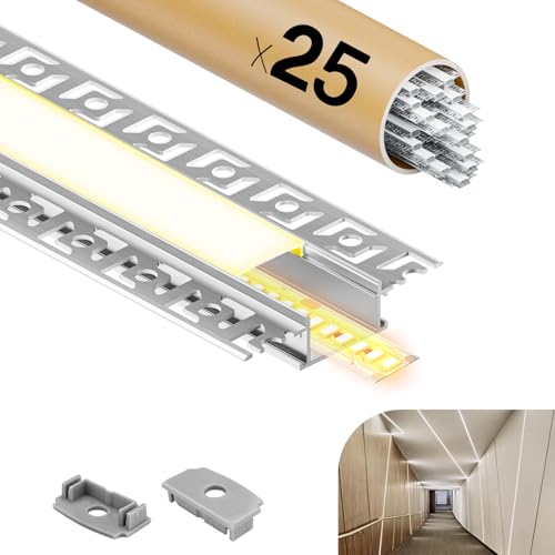 GEEKLUX 25 Sets LED Aluminium Profil für Trockenbau 2 m (Gesamt 50 m), Led Schiene mit Endkappen für led Streifen bis 20mm, Gipskarton Profil mit LED Diffusor - 2000 x 64,2 x 13,8 mm von GEEKLUX