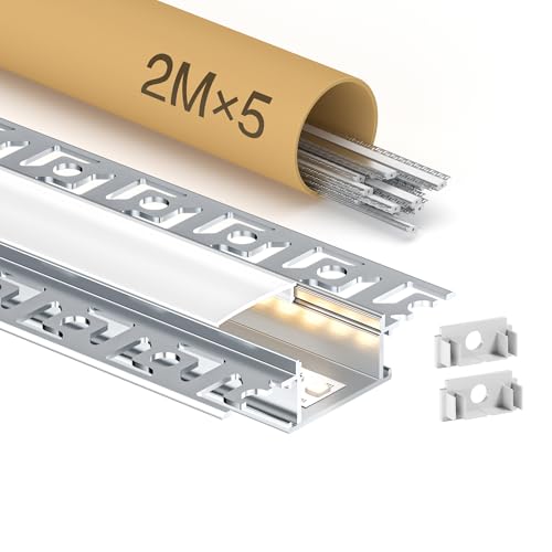 GEEKLUX 5 x LED Aluminium Profil 2 m (10 m) – Led Trockenbauprofil für Deckenleisten und Einbau, led Schiene mit led diffusor, geeignet für Streifen bis 20 mm Breite - 64,2 x 13,8 mm von GEEKLUX