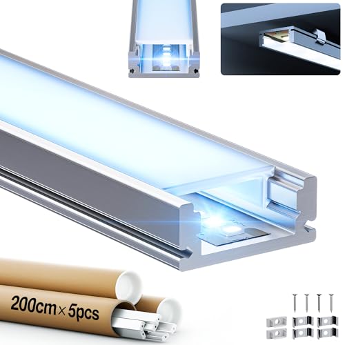 GEEKLUX 5 x LED-Profil 2 m für LED-Streifen (insgesamt 10 m), Aluminiumprofil 17,4 x 7 mm mit mattem Diffusor, U-K für LED-Streifen bis 12 mm, kompatibel mit Gipskarton und Decke von GEEKLUX