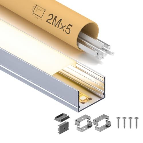 GEEKLUX 5 x LED Profil Aluminium 2 m (10 m), Led Kanal für led Streifen bis 25 mm, 30 x 20 mm, Einbau-led Schiene mit PC Diffusor, inklusive Befestigungsclips, Trockenbauprofil für Decke und Wand von GEEKLUX