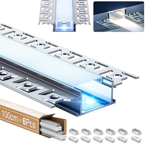 GEEKLUX 6 x LED Trockenbauprofil für Stripes Led, 1 m (Gesamt 6 m), LED Aluminium Profil für Stripes bis 20 mm Breite oder Zwei led Stripes, Mit Halbtransparentem PC Diffusor, Maße: 64,2 x 13,8 mm von GEEKLUX