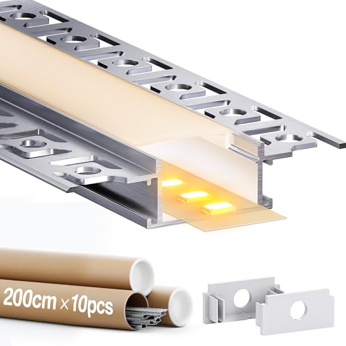 GEEKLUX Alu Led Profil Trockenbau 10 Stück, Led Aluminium Profil 2m(64.2 * 13.8mm), Led Strip Aluschiene 2m und Led Kanalleiste mit Milchig Weiß Led Diffusor, Max Breite 20mm LED Strip von GEEKLUX