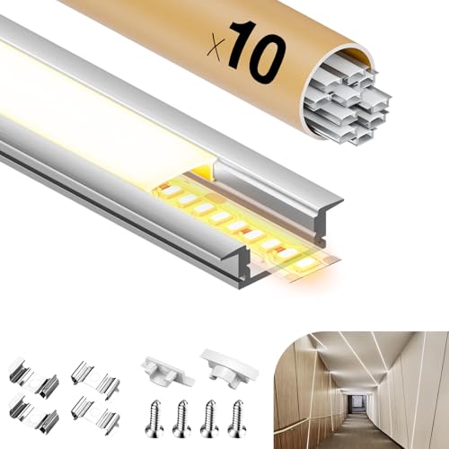GEEKLUX LED Aluminium Profil 2 m x 10 (20 m) U Profil Aluminium für Led Streifen/Liste/led profil,Led Leiste Kanal with Milchig Weißer Abdeckung - Endkappen und Federschnalle - 2000 x 24,7 x 7 mm von GEEKLUX