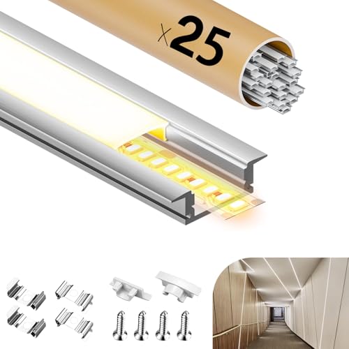 GEEKLUX LED Aluminium Profil 2 m x 25 (50 m) U Profil Aluminium für Led Streifen/Liste/led profil,Led Leiste Kanal with Milchig Weißer Abdeckung - Endkappen und Federschnalle - 2000 x 24,7 x 7 mm von GEEKLUX